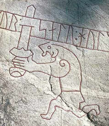 Foto de uma gravura antiga do lendário herói nórdico Sigurd, encontrada em uma pedra.